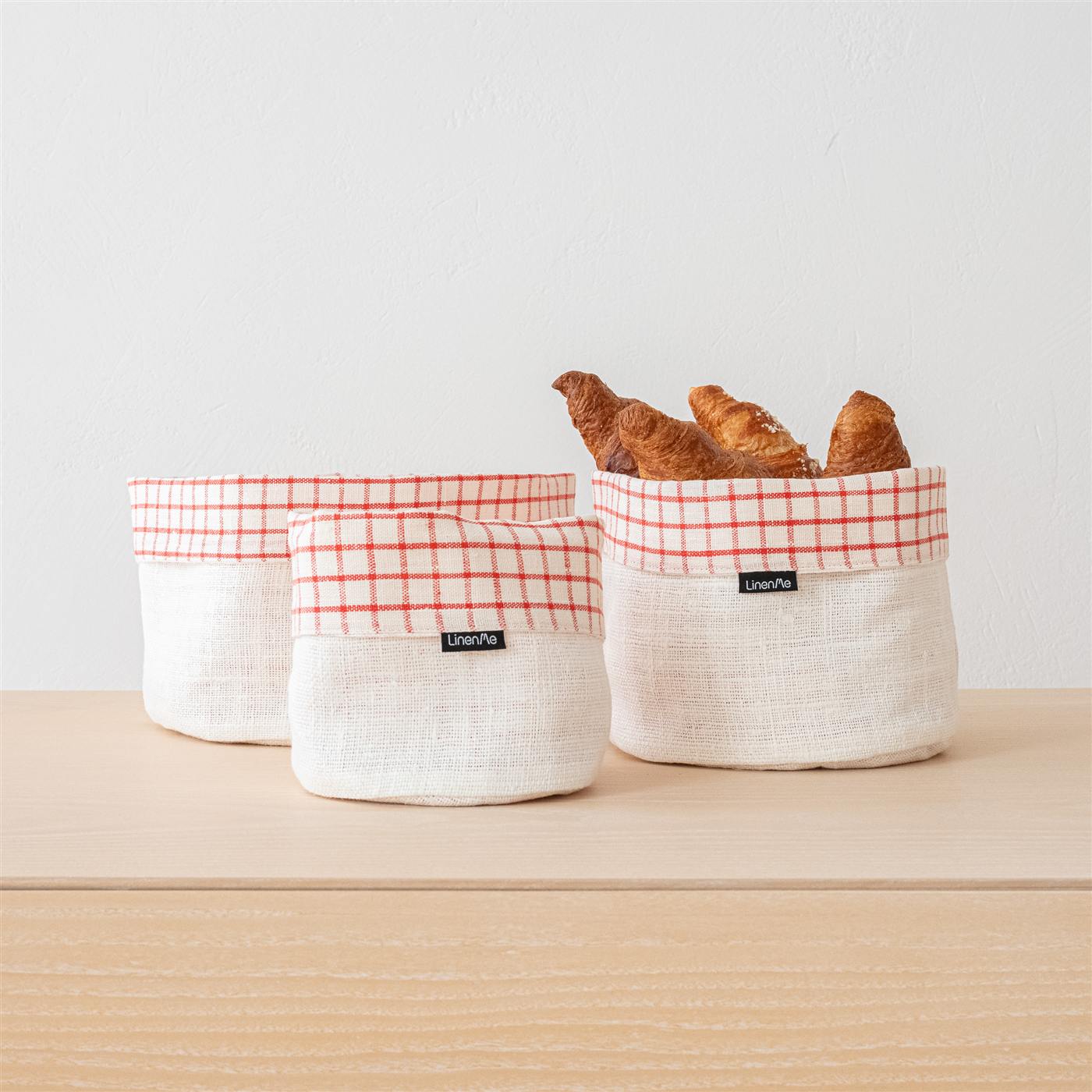 Cesta de lino Graphic Check roja y blanca