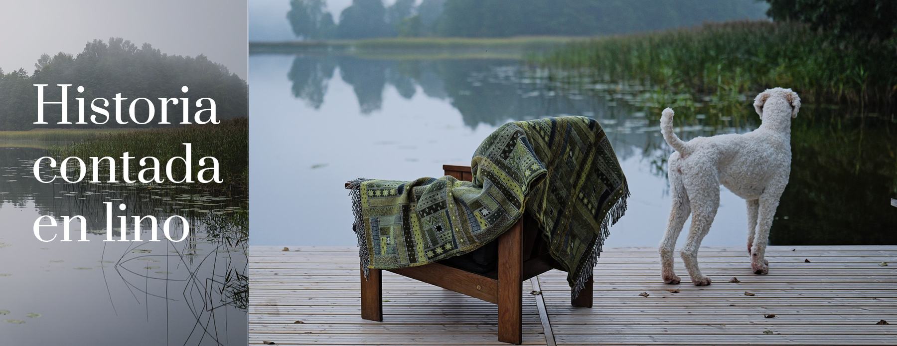 Historia contada en lino – mantas de lana estampadas sobre una silla junto al lago con un perro blanco.